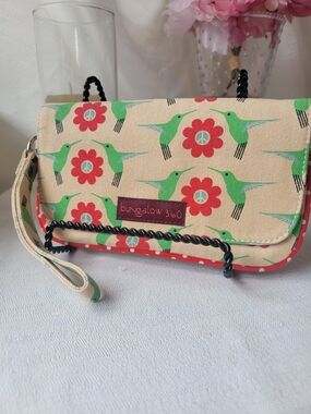 Bungalow 360 Cream Wristlet with Green Hummingbird & Red Floral Print